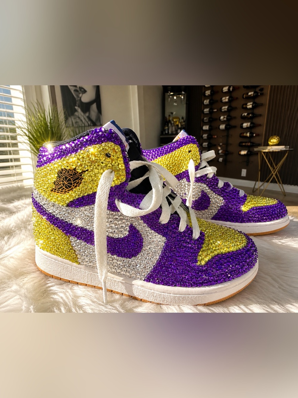 Nike Crystal-Encrusted High Top Sneakers in Purple, Yellow & Silver